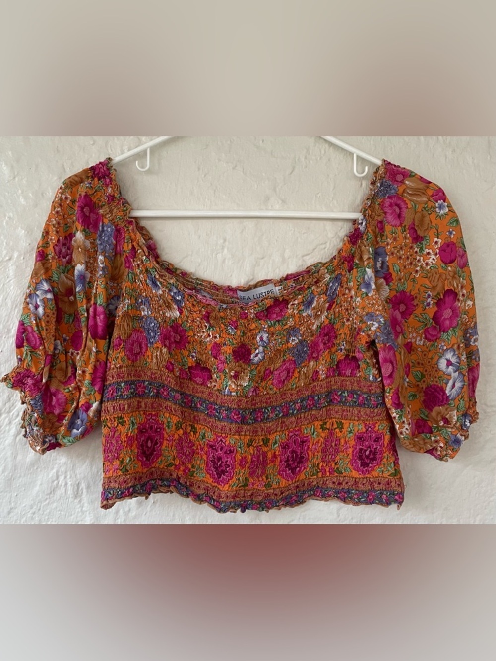 SEA LUSTRE ☆ Boho Smocked Crop Top Short Sleeve Stretch Floral Shirt Size S/M